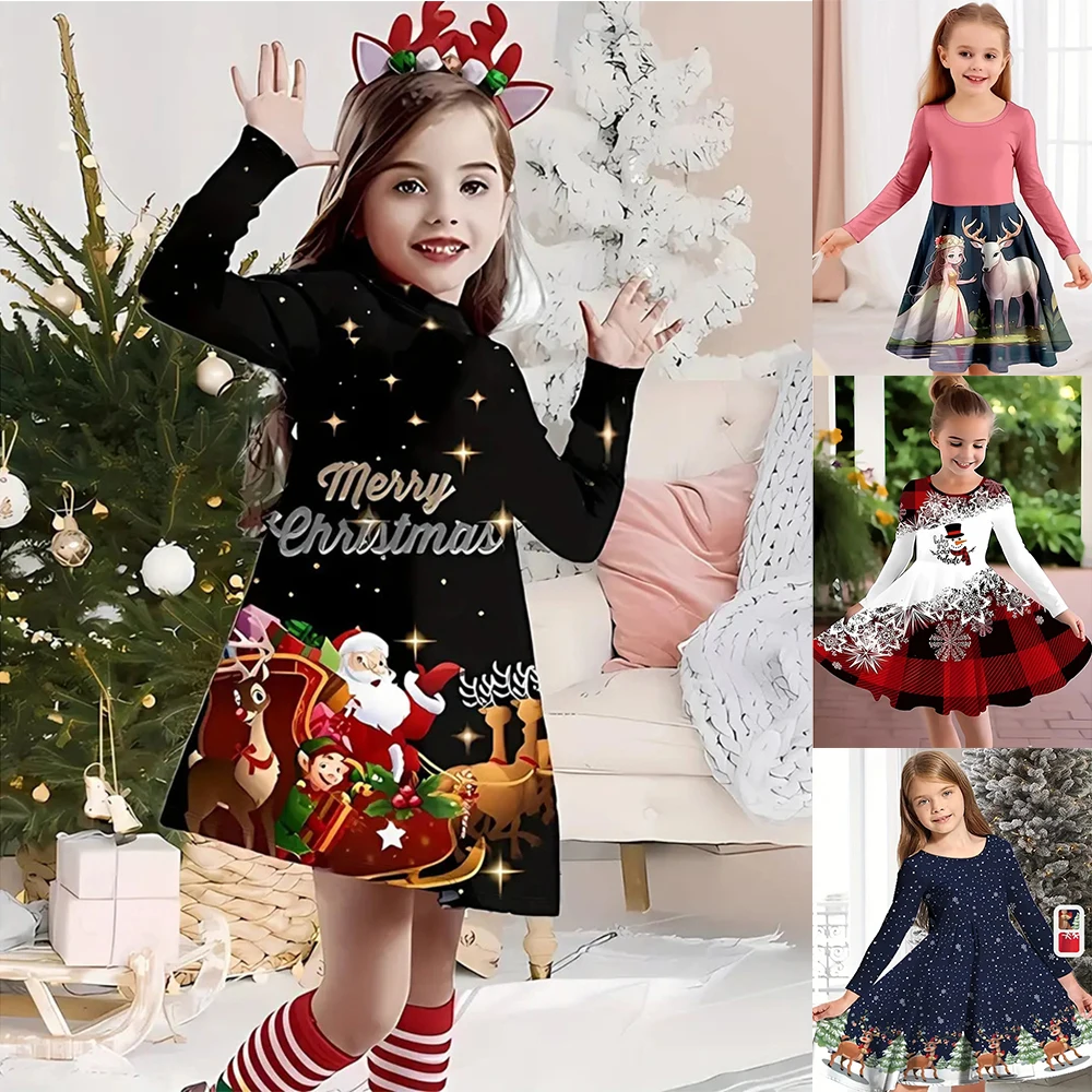 

Kids Christmas Dress for Girl Long Sleeve A-Line Full Printing Cartoon Santa Claus Xmas Baby Girl Clothing Casual New Year Party