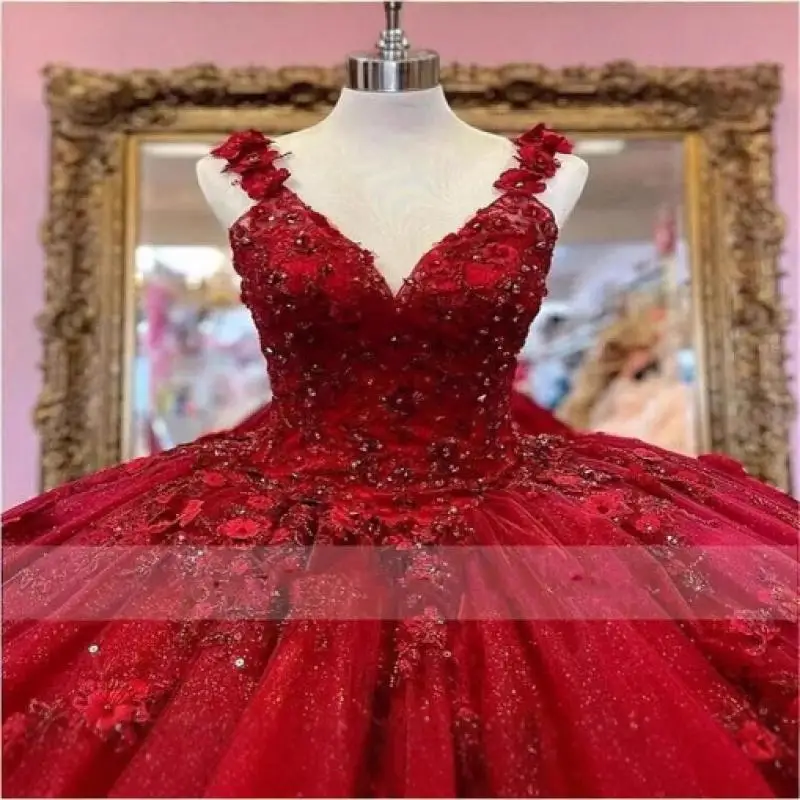 Shoulder V-neck Wine Red Wedding Strap Flower Beaded Colored Yarn Adult Ceremony Ball Dress Princess Puff Dress Customized