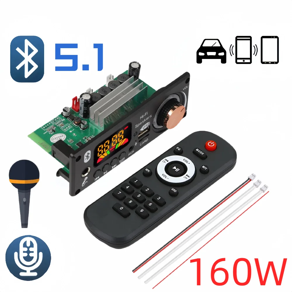 Bluetooth 5.1 MP3 Decoder Board 2*80W 160W Amplifier Audio Player 12V DIY MP3 Player Car FM Radio Module TF USB Mic Record Call