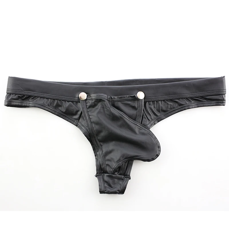 

Men's Tempting Faux Leather Thongs, Low Rise Briefs, Open Pouch Bag Underwear, Black Color, Unleash Your Seductive Charm