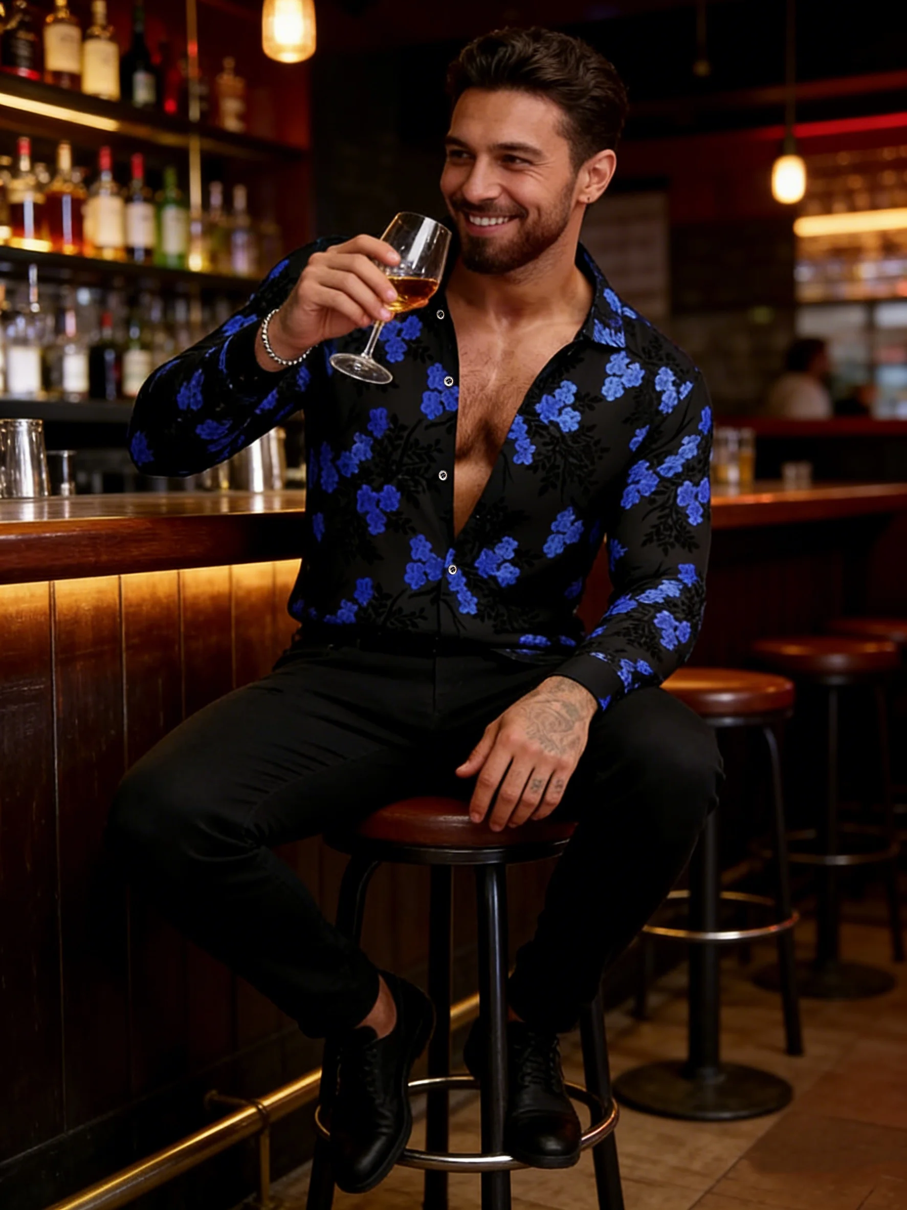Men Long‑Sleeve Button‑Down Shirt Blue Floral Print Polyester Lapel Collar Nightclub Party Top