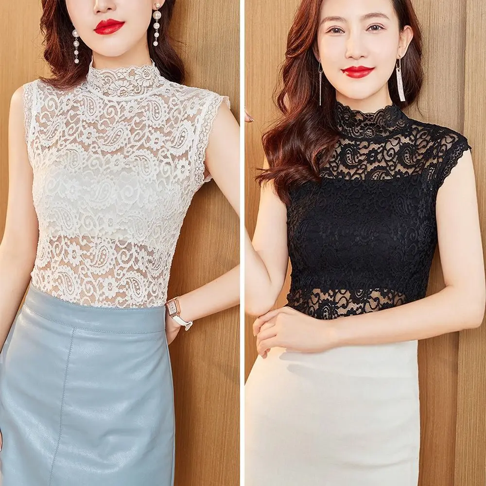 Fashion Half High Collar Floral Tank Tops Hollowed-out High Elastic T Shirt Sleeveless Vest Women Girls