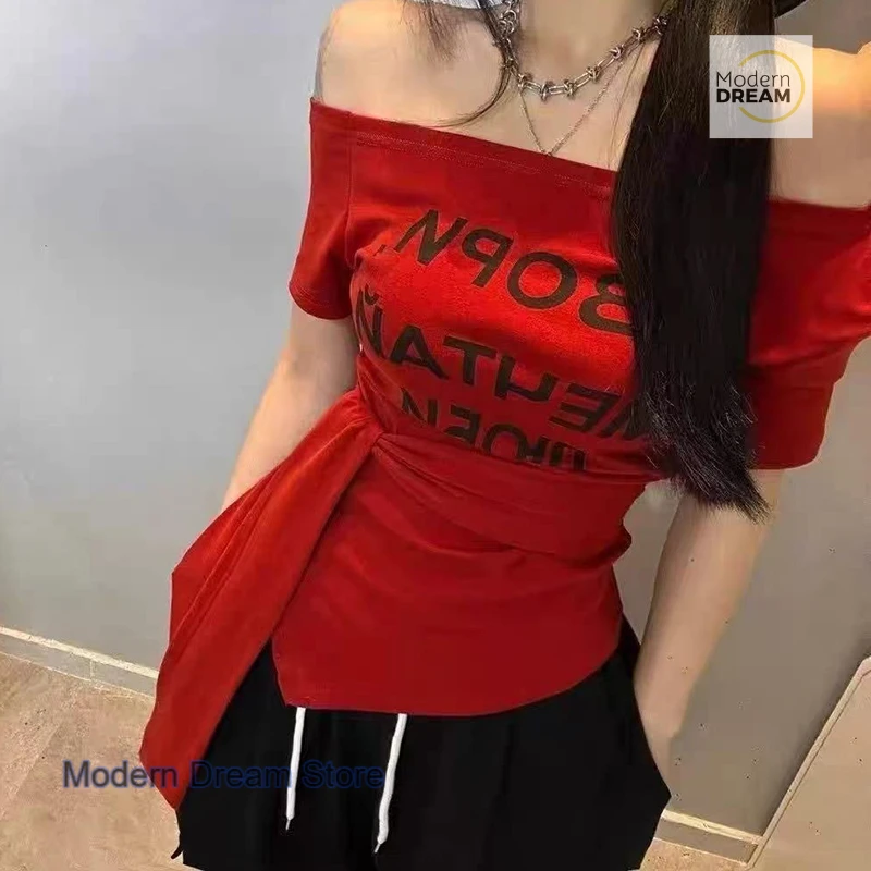 

Dopamine yellow letter printed cotton short-sleeved T-shirt female summer strap waist oblique collar off-the-shoulder shirt