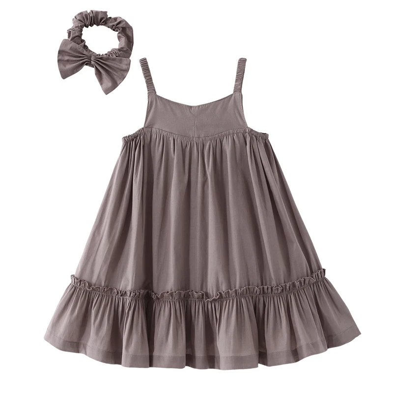 IYEAL Kids Girls Casual Dress + Bow Headband, Sleeveless Spaghetti Strap Cami Dress with Ruffle Trim, Cute Girl Daily Wear 2-6T