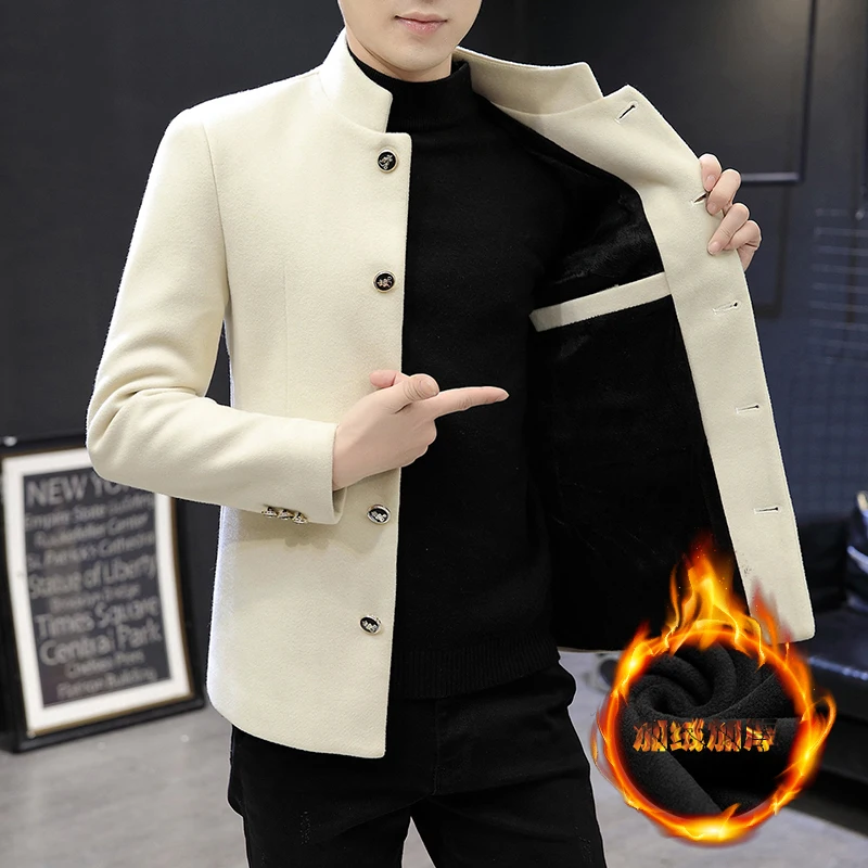 

Мужская шерстяная куртка на осень-зиму с утепленной флисовой подкладкой, воротником-стойкой, в корейском стиле, молодежная, однотонная