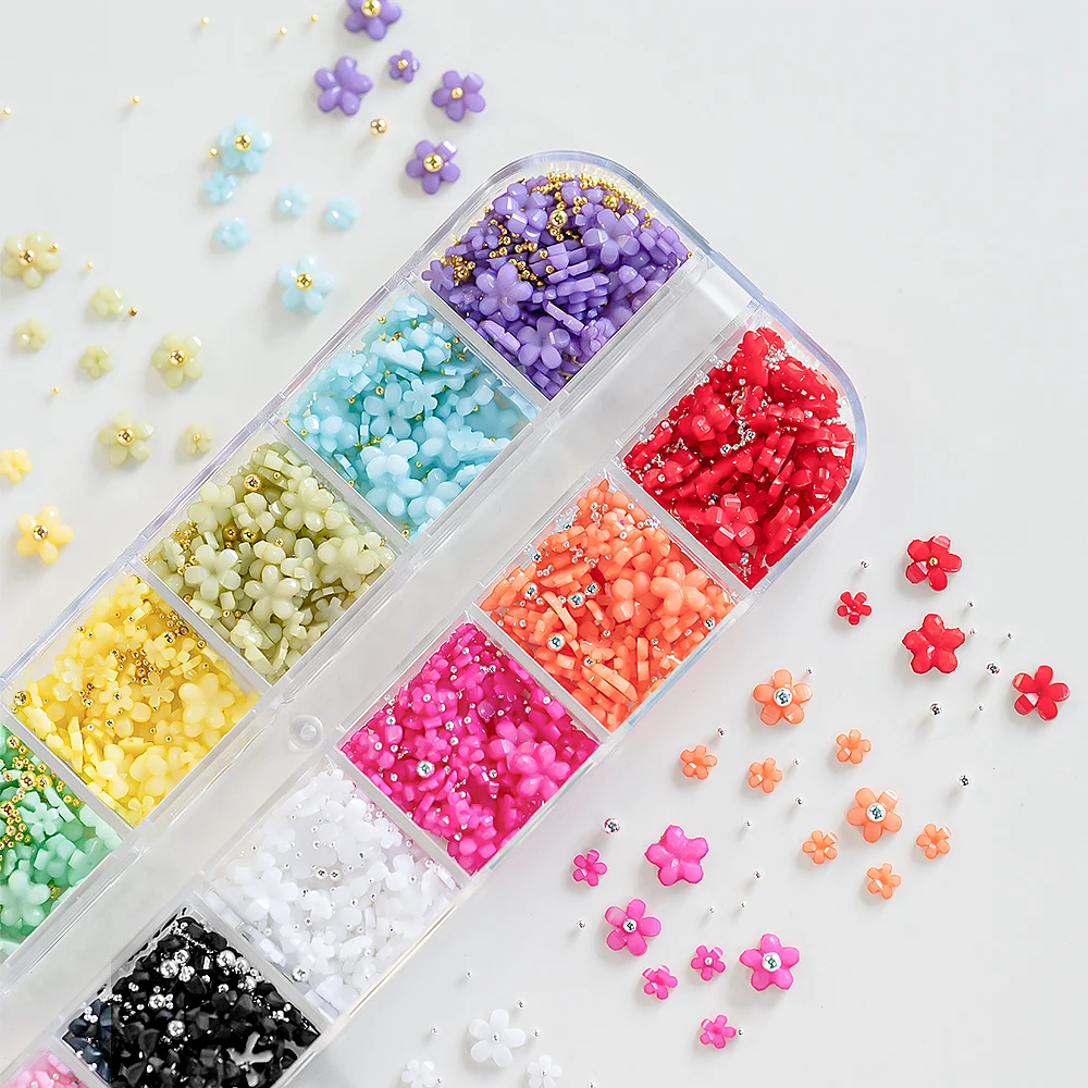 12Grids Acrylic Flower Nail Charms 12 Colors Set 3D Flower Nail Art Rhinestones Mixed Blossom Spring Gems DIY Nail Supplies