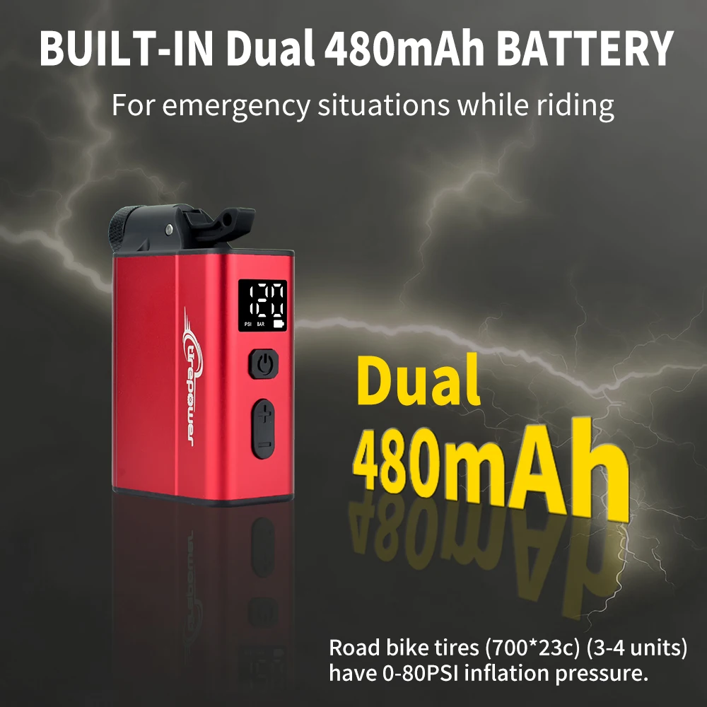 Elektrische Fahrradpumpe mit schnellem USB-C-Ladeanschluss, 120 PSI, tragbarer Mini-Reifenfüller mit zwei 480mAh Akkus und Display – Detail 4