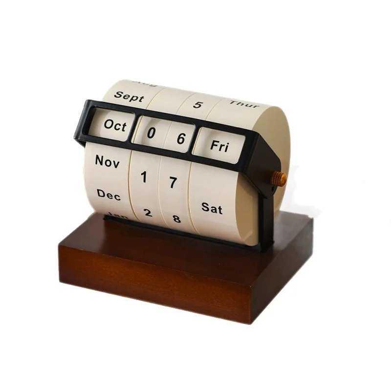 

2026 Calendar Rotary Perpetual Desk Calendar Wooden Wheeling Calendar Month Week Day Date Display for Home Office Reusabl