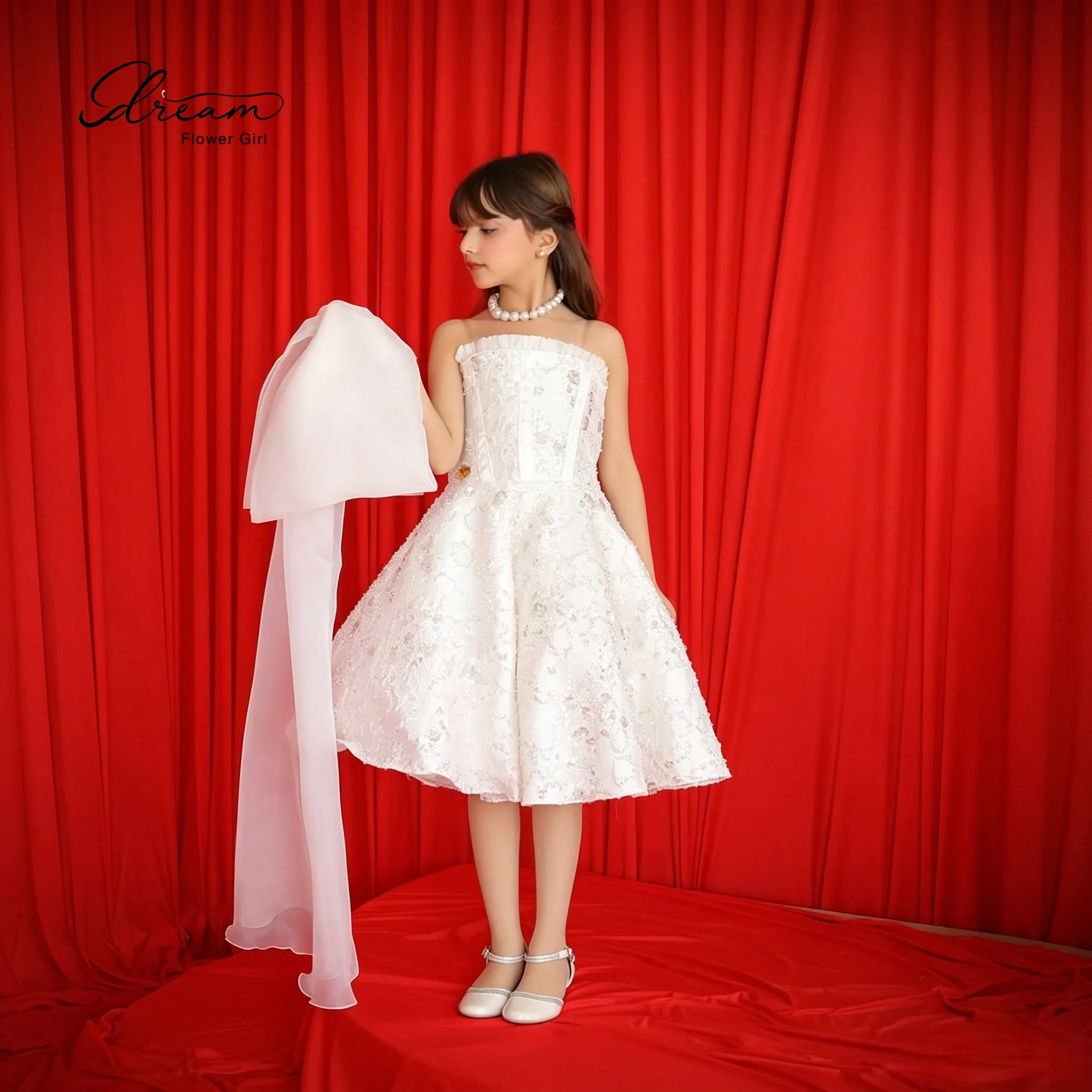 Girls' white strapless sleeveless knee-length formal party dress with lace and sequin embellishments