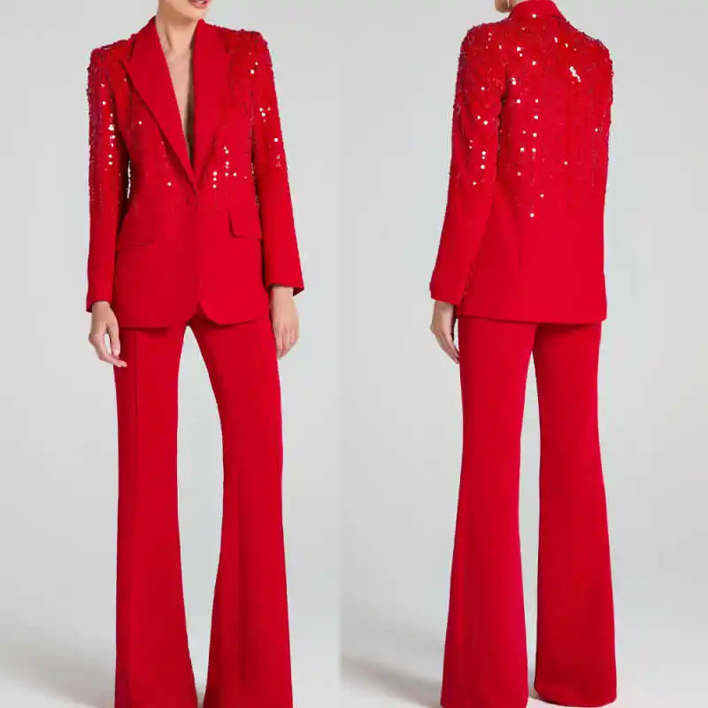 

Shiny Sequins Women Suits V-Neck Peaked Lapel 2 Pieces Blazer Pants Wedding Dinner Banquet Party Wear Customized