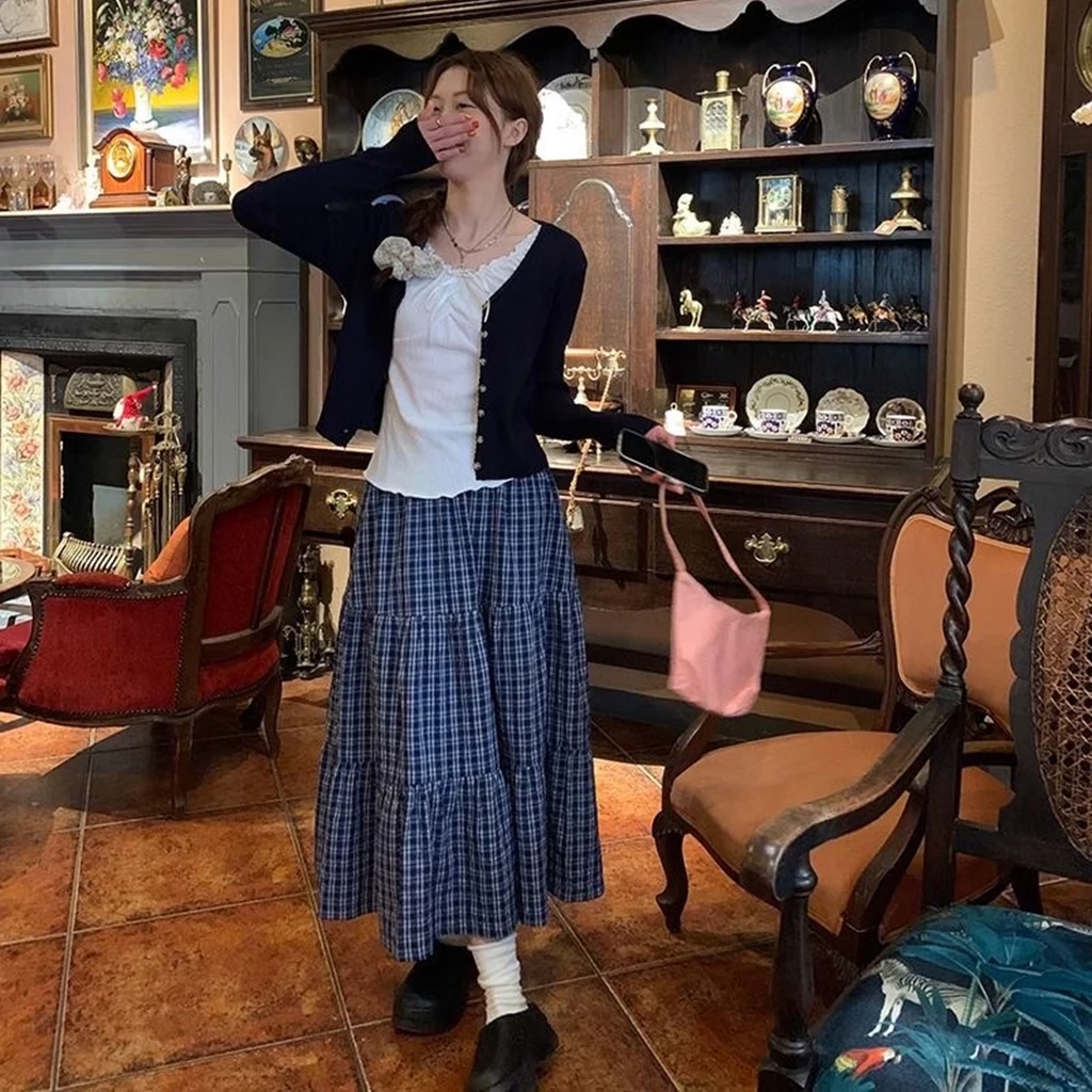 تنورة ريترو متعددة الطبقات ذات مربعات باللونين الأزرق والأبيض، طراز بناتي فرنسي، تنورة عالية الخصر وتنحيف على شكل حرف A، لو نسائي #5