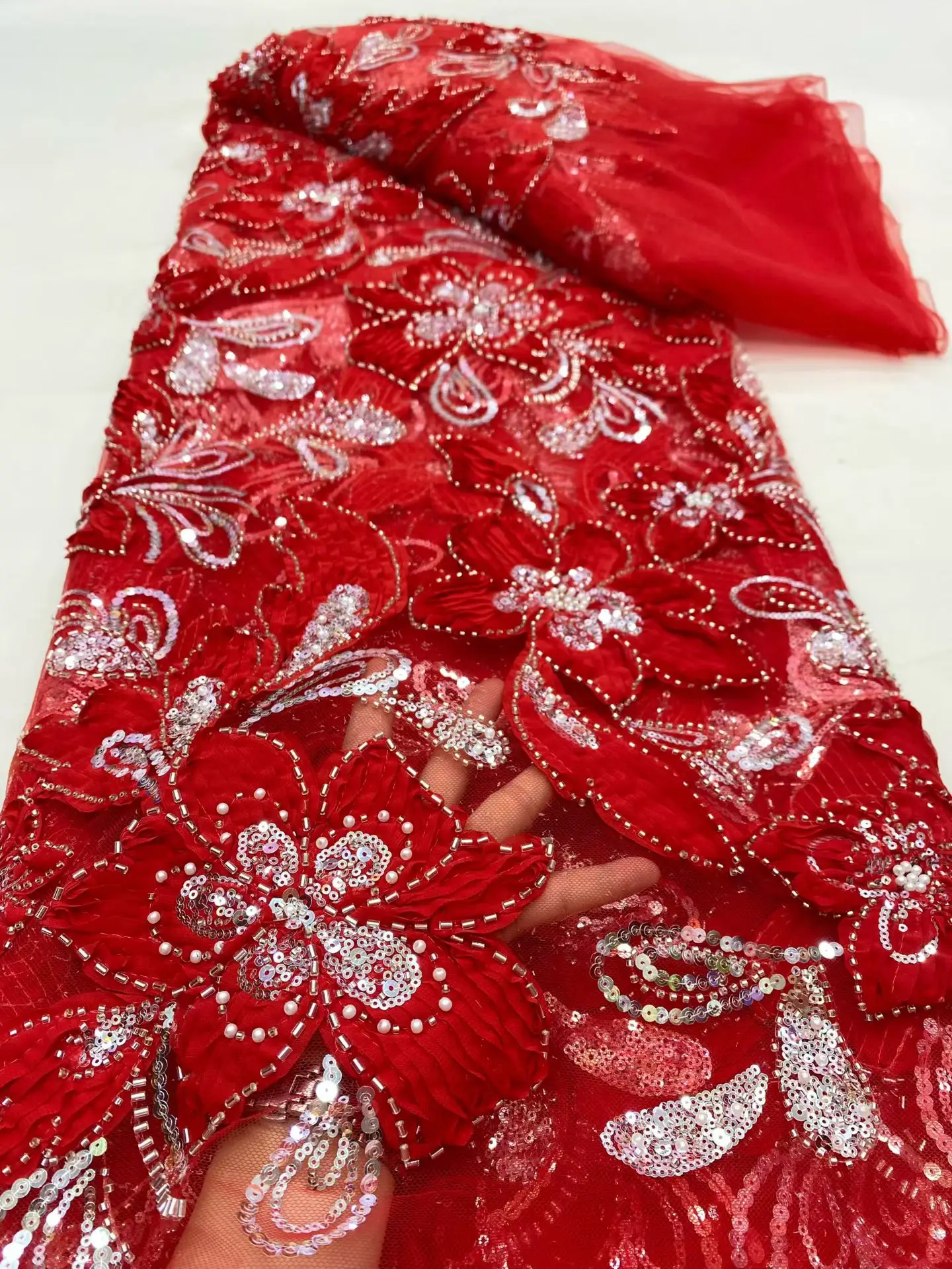 

Nigerian African French Guipure Tulle Lace Fabric Sequins Beaded Embroidery for Luxury Wedding Party Evening Dresses 5Yard 2026