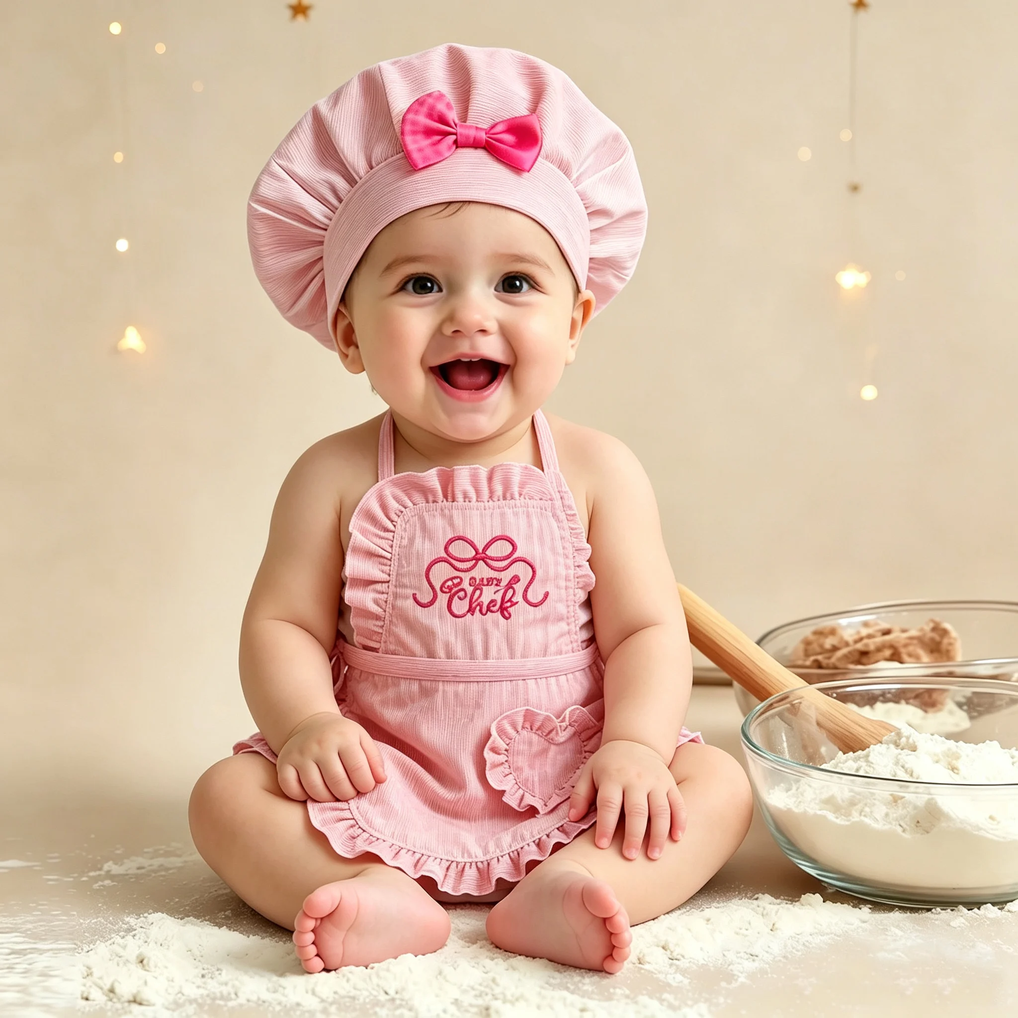 Newborn Photography Props Baby Chef Outfit Pink Corduroy Ruffled Apron Bowknot Chef Hat Embroidery Chef Costume Photo ShootingHD