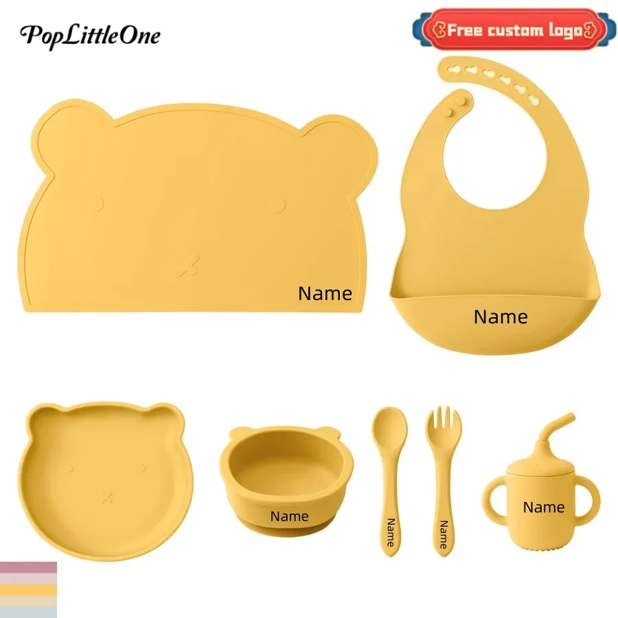 

Free Custom Name 7PCS Silicone Baby Feeding Set Suction Bowl Dishes Waterproof Bib Placemat Sippy Cup Spoon Fork Baby Stuff