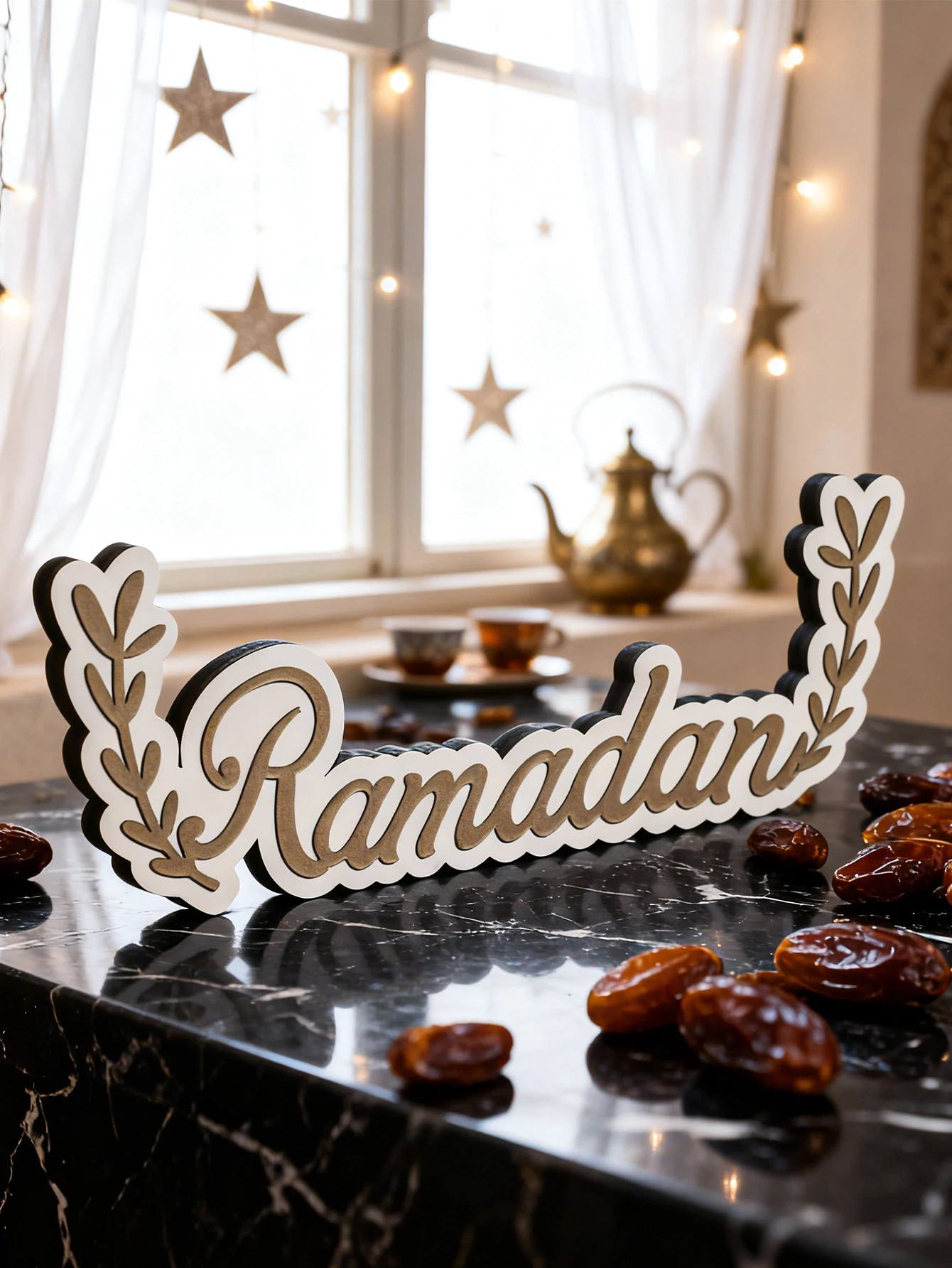 Ramadan Table Decor Sign with Olive Branch Design Wood Islamic Ornament for Ramadan Kareem & Eid Mubarak Desktop Decoration Gift