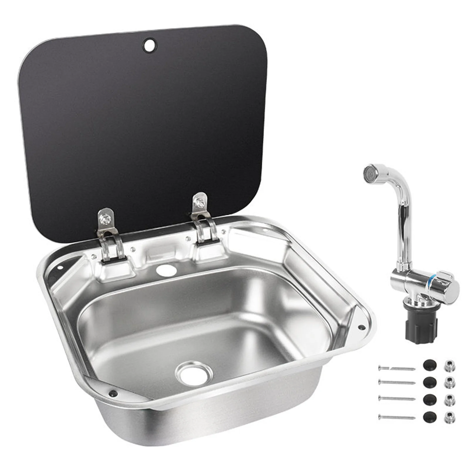 

RV Square Sink 420mm Stainless Steel Sink With Faucet Tempered Glass Cover For RV Caravan Camper Kitchen Accessories