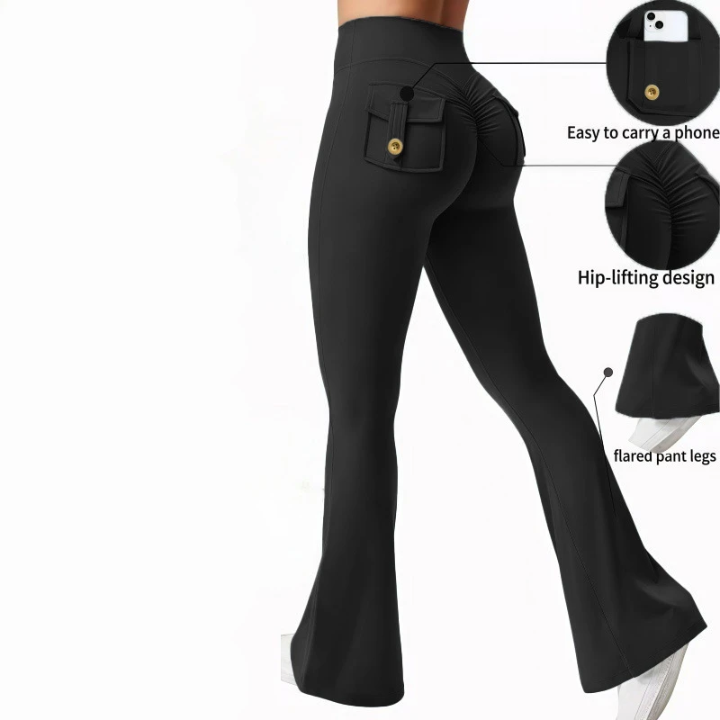 Women High Waist Cargo Flared Yoga Pants Naked‑Feel Butt‑Lifting Wide Leg Workout Trousers With Button Pockets For Gym Fitness