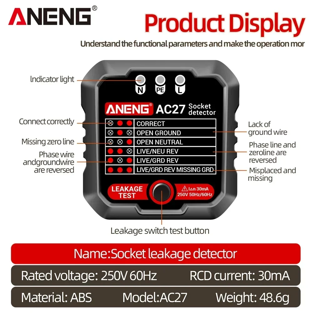 ANENG AC27 Socket Tester Voltage Test Socket Detector Ground Zero Line Polarity Phase Check Tool Circuit Checker EU/US Plug