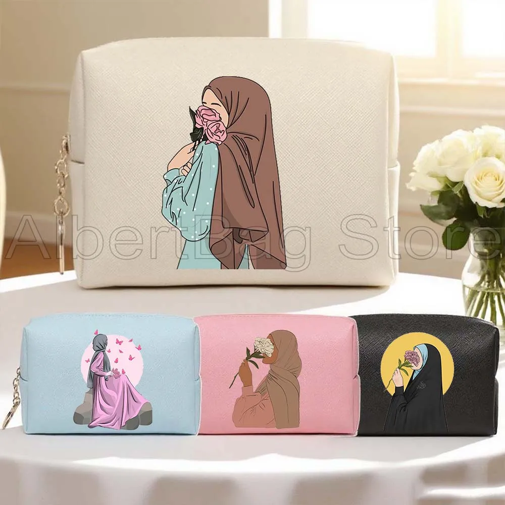 

Floral Muslim Hijab Women Muslim islamic islam Arabian Gift PU Leather Cosmetic Bag Women Makeup Waterproof Toiletry Storage Bag