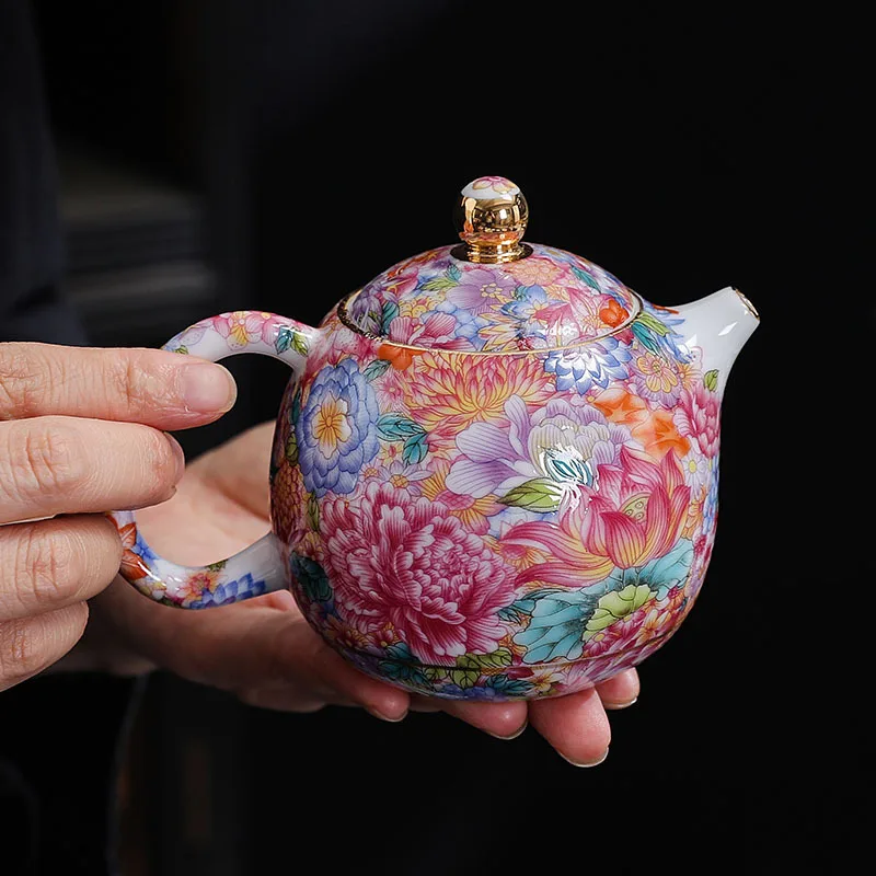 Enamel Tea Set with Carved Flower Teapot, Wanhua Women's Three-Talent Covered Bowl, Ceramic Tea Canister, Gift Box Set