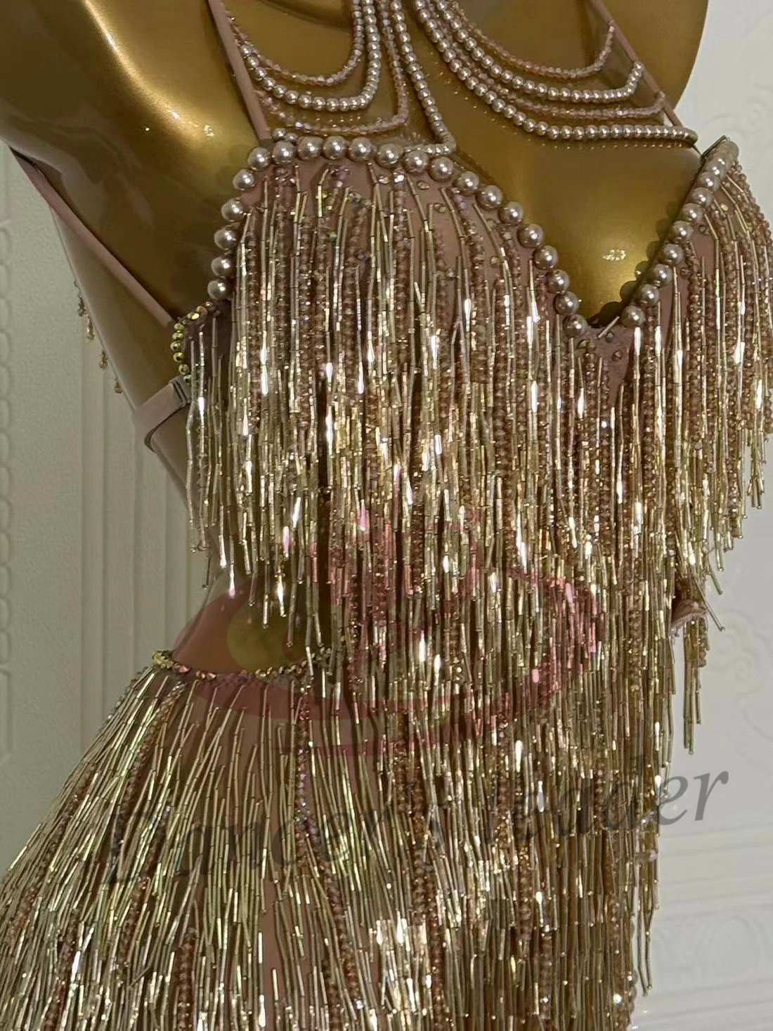 Vestido de baile latino para niños y adultos, piedra AB, tubo de perlas dorado personalizado de alta gama, borla de perlas, ropa de mujer Cha Tango