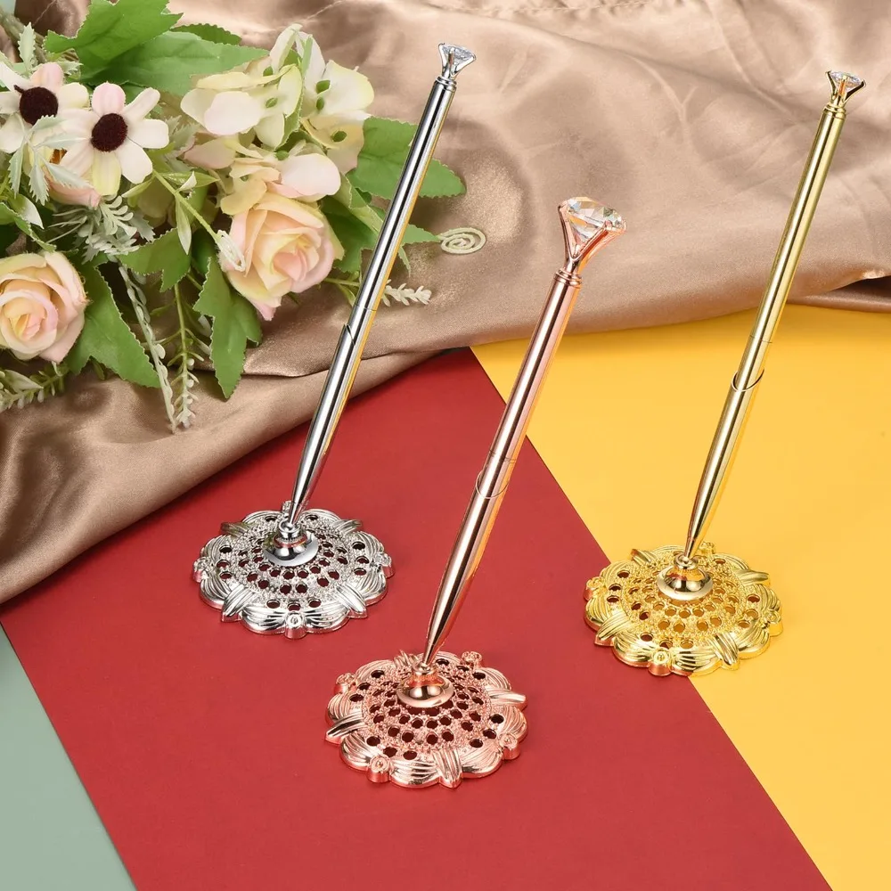 Metal Desk Ballpoint Pens Crystal Diamond Top Stand Pen,Electroplated Alloy Base Signing Pens for Office Business Stationery