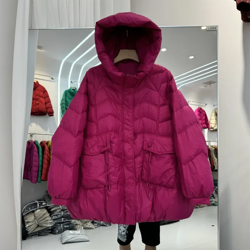 Winter Warm New Hooded Loose White Duck Down Outerwear Quilted Pockets Coats Women's Clothing High-end Plus Size Down Jacket