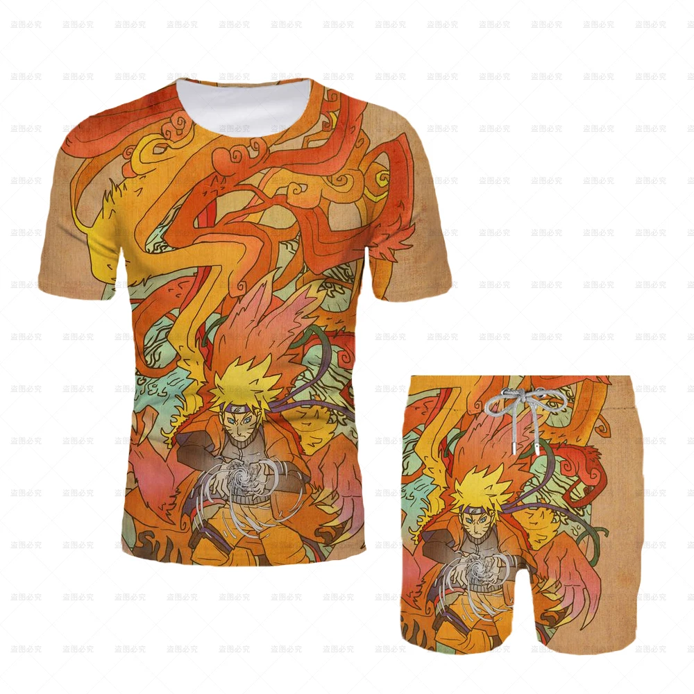جديد 2025 اليابانية الكرتون ناروتو تي شيرت الكبار الرجال تي شيرت كامل السراويل قطعتين مجموعة الصيف الصبي الكرتون قميص جذاب + بناطيل الشواطئ