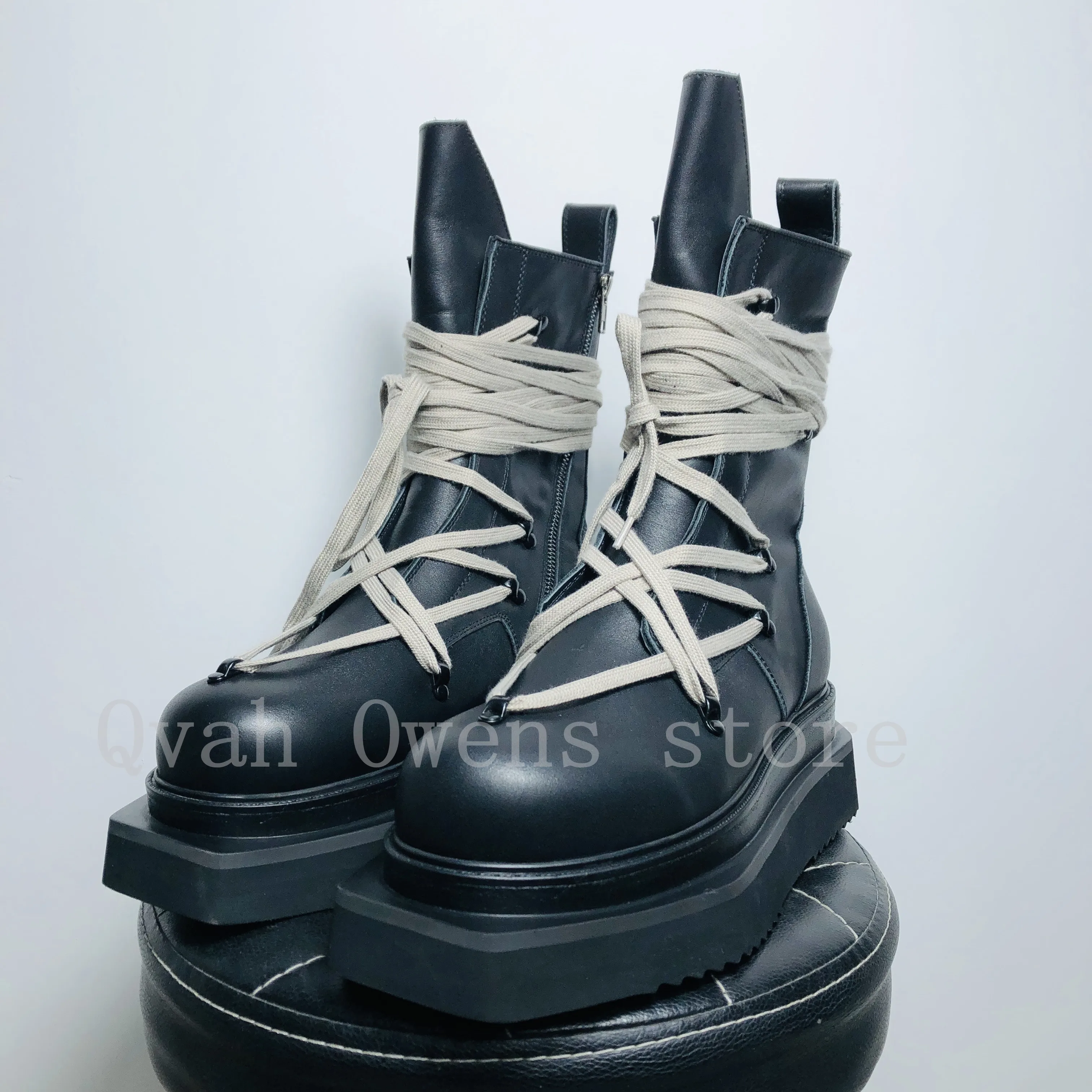 Men High Top Shoes Platform Sneakers Leather Lace Up Zip Heels Luxury Vintage Trendy Designer Male Boots Black