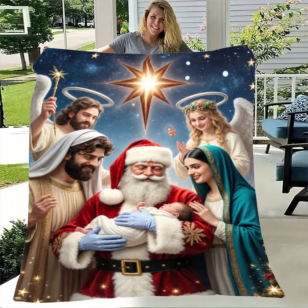 Festive Nativity Christmas Scene Blanket Featuring Santa Claus, Virgin Mary, and Joseph - Soft Cozy Throw with Heavenly Angels a