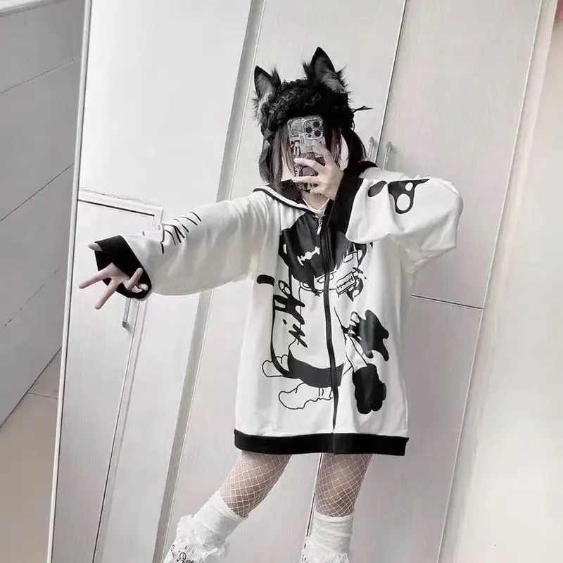 Camisolas estampadas com zíper Kitty, casaco fino estilo anime japonês, roupas góticas cosplay, top de gola marinheiro, novo, primavera, outono, 2024