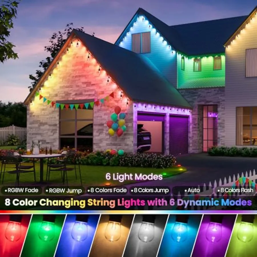 100FT 2x50FT RGB Solar Outdoor String Lights with Remote, MulticolorandWarm Dimmable Waterproof Patio Lights with 30 LED S14 Bu