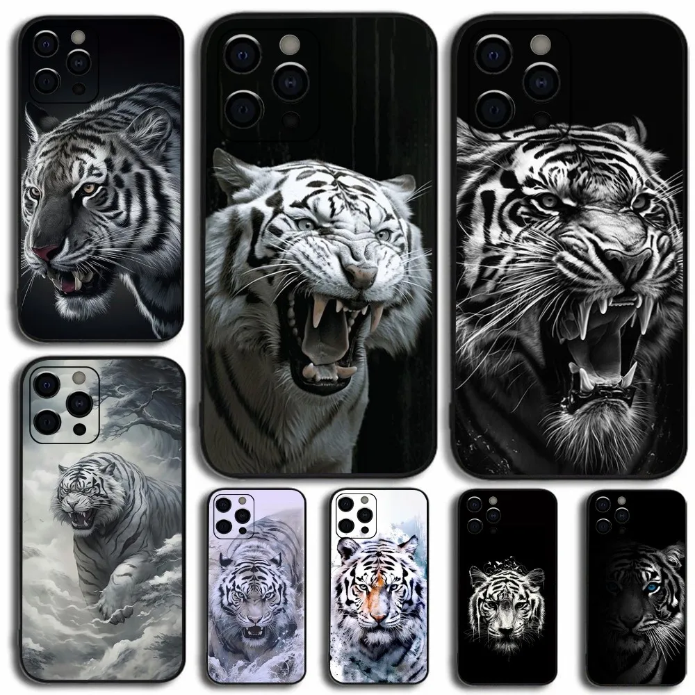 Animal White Tiger Pattern Phone Case For Apple iPhone 15,14,13,12,11,Pro,X,XS,Max,XR,Plus,Mini Soft Black Cover