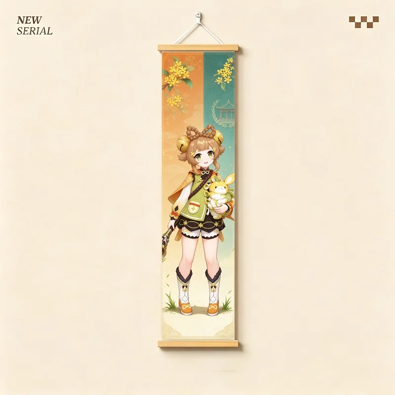 Hanging Scroll Wall Art of Genshin Impact Yaoyao with Green and Gold Motifs on Silver Shimmer Canvas for an Anime Bedroom