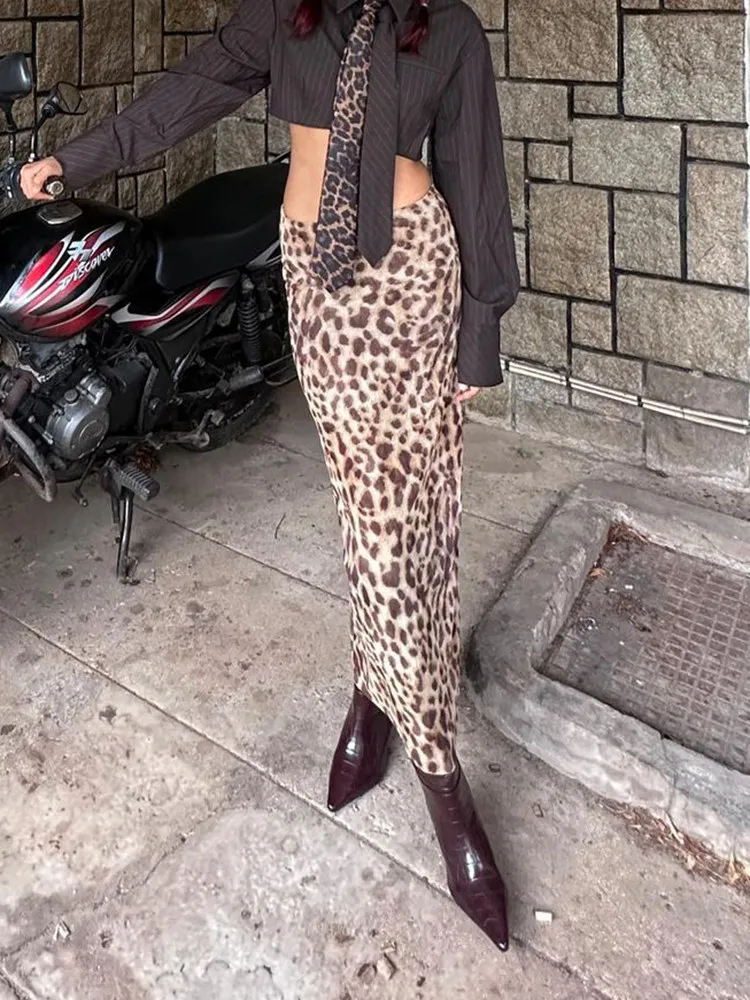 European American INS Style Sexy Double Layer Mesh Leopard Print Midi Skirt Women Hip hugging Maxi Skirt Retro Spice Girl Skirt