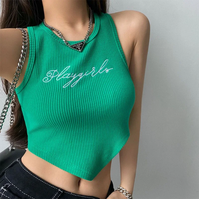 

Embroidered Round Neck Sleeveless Vest Versatile Slimming Short Sports Base Top
