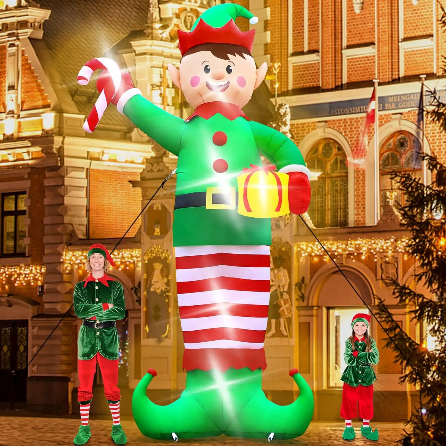 

Christmas Inflatables, Giant 15 FT Christmas Elf Inflatable Outdoor Decoration, Blow Up Xmas Elf Holding Box, LED Lighted Holida