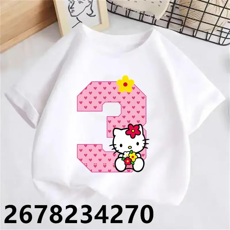 Hello Kitty Children White T-shirt Birthday Number 1-9 Shirts Kawaii Sanrio Y2k Cartoons Kid Girl Boy Streetwear Casual Clothes