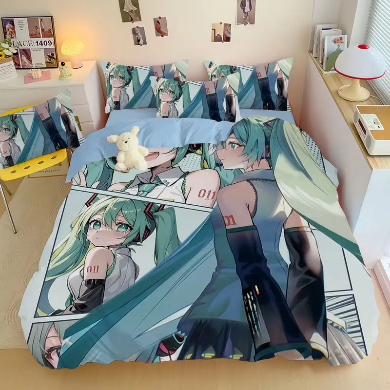 Hatsune Miku anime peripheral two-dimensional cartoon four-piece set Kawaii cotton bed sheet quilt cover student three-piece set