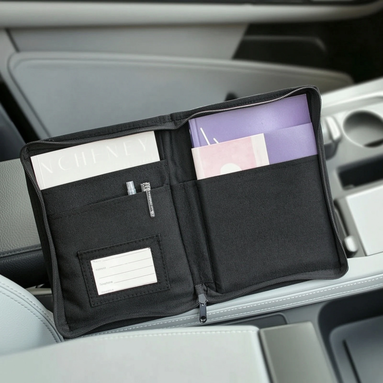 Car Document Holder Multi-Pocket Glove Box Organizer Pouch with Zipper Slim Storage Bag Space-Efficient for Drivers, Road Trips