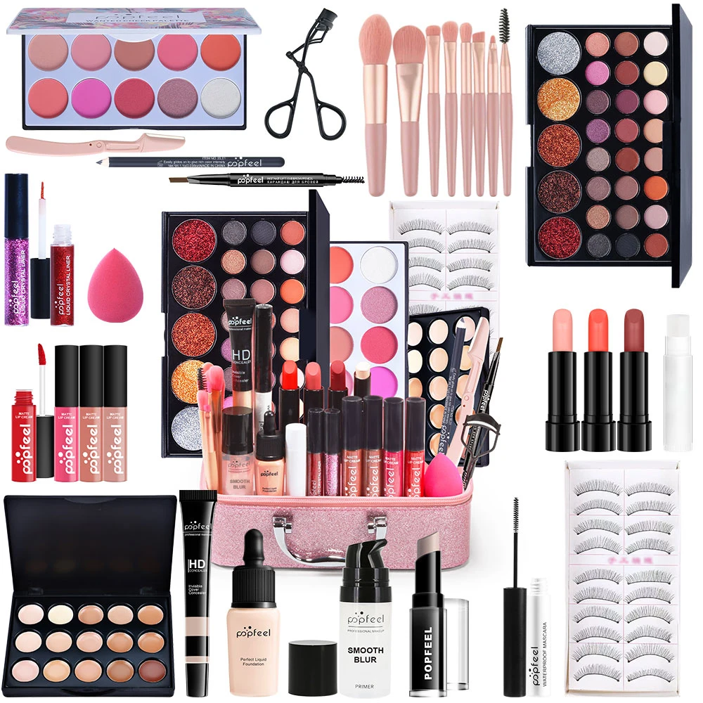 POPFEEL Kompletny zestaw do makijażu dla kobiet z różową kosmetyczką — wszystko w jednym zestawie do makijażu, w tym dla bezskompromisowego wyglądu na całą twarz.