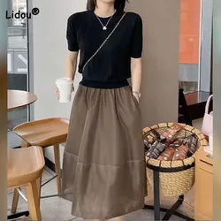 Eenvoud Temperament Solide Rok Tweedelige Set Vrouwelijke Mode Elegante Korte Mouw Ronde Hals T-Shirt Zomer Dameskleding