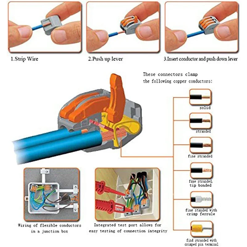 Lever Wire Nut Connectors 3 Port Compact Splicing Conductor Connector Electrical Wire Terminals for Solid Stranded Flexible Wire