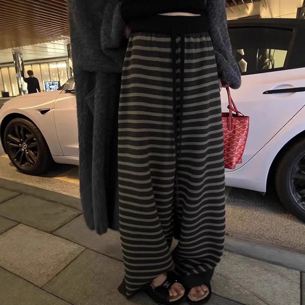 Lazy Striped Wide Leg Pants Women's Loose Vintage Trousers Low Waist Autumn Winter Y2k Aesthetic Pajama Lounge Pants Trend 2026