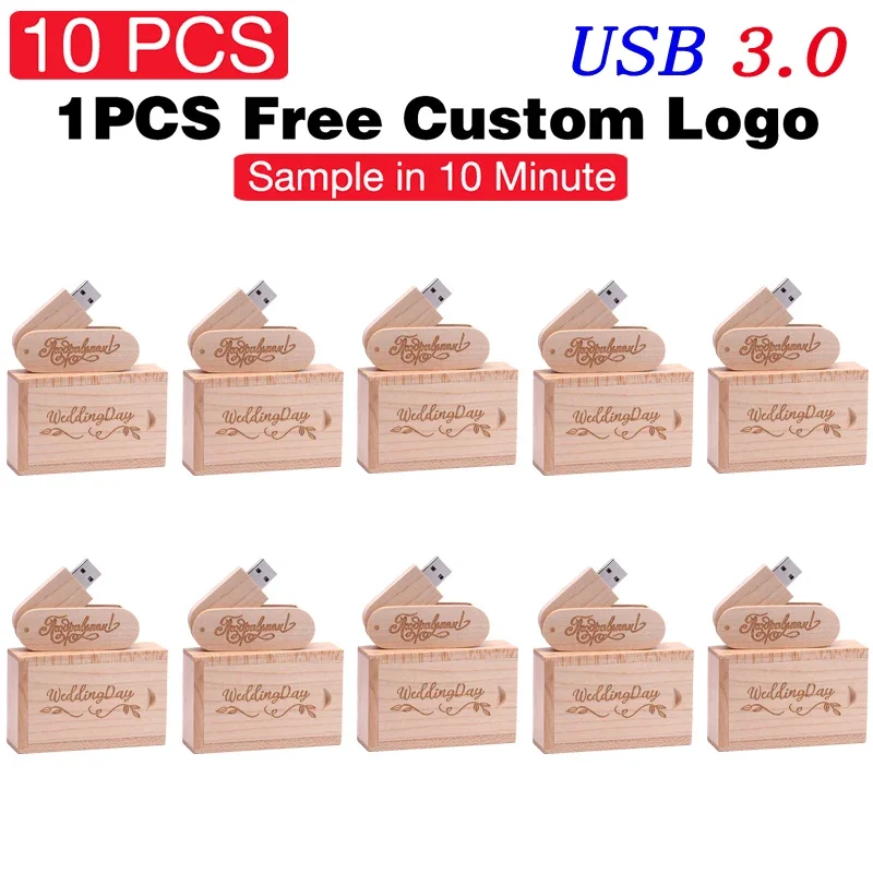 

10 PCS LOT USB 3.0 Flash Drives 128GB Free Custom Logo Memory Stick 64GB Wooden Box Pen Drive 32GB Rotatable Creative Gift 16GB