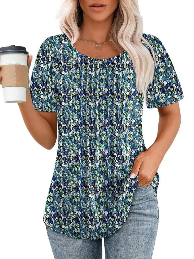 Blouses for Women Dressy Casual Summer Trendy Gradient Color Short Sleeve Shirts O-neck Tops Flowy Tshirts