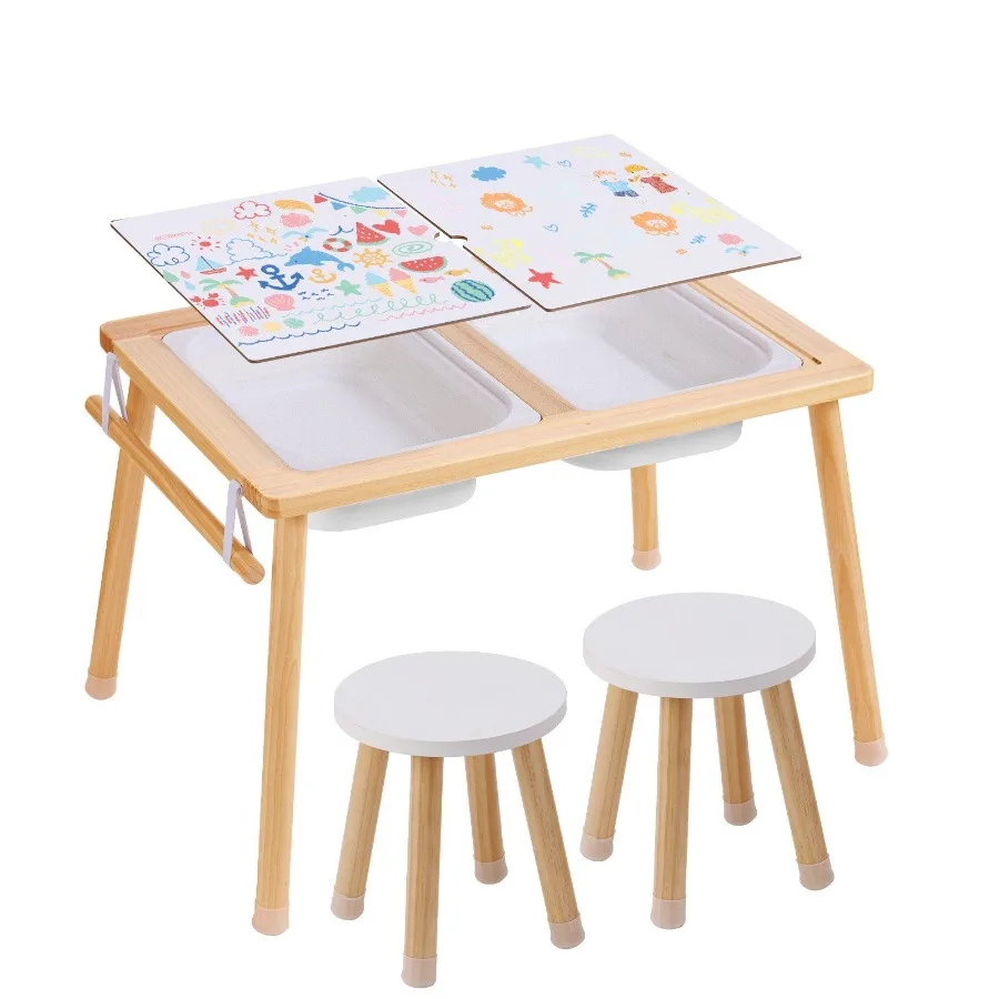

Sensory Table and Chairs Set Toddlers Activity Table with 2 Stools 2 Storage Bins and Paper Roll Holder Indoor Outdoor Play Sa