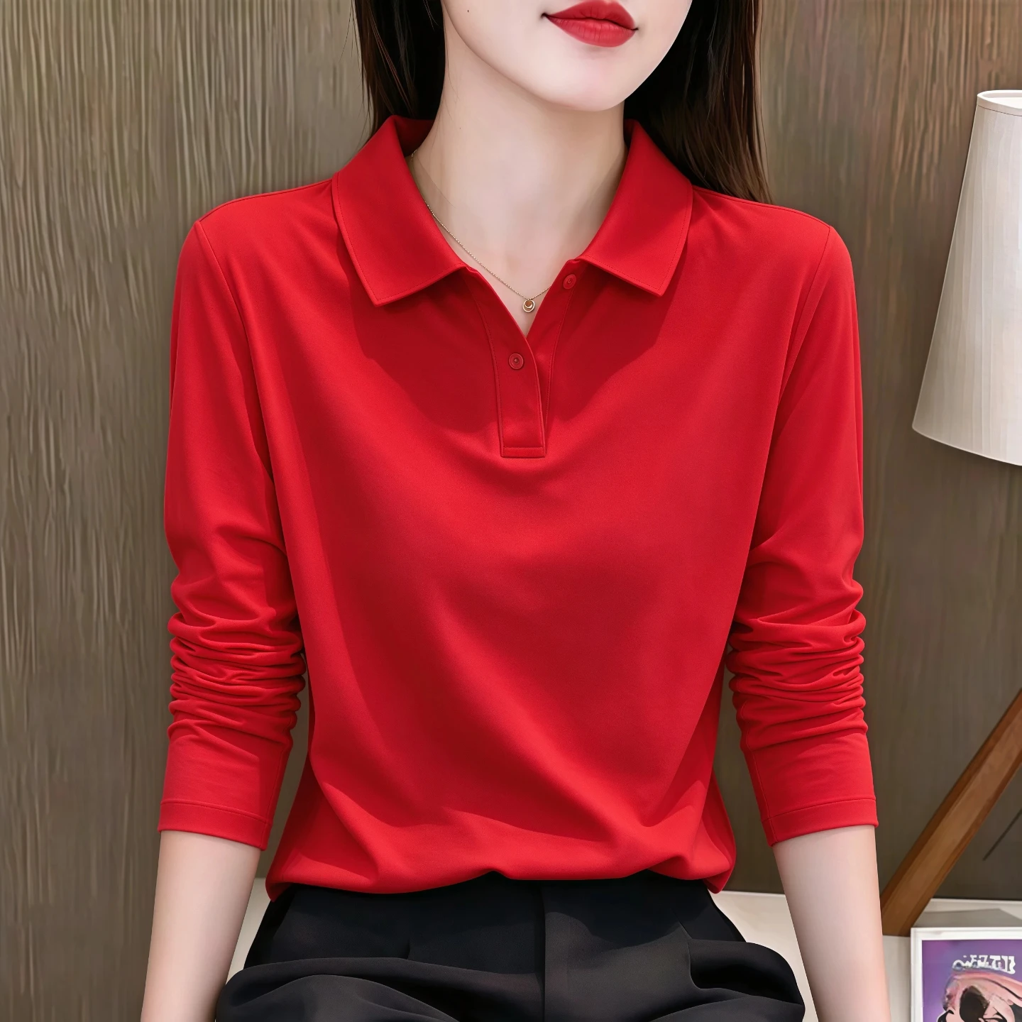Fashionable Long Sleeve Pure Color T-Shirt Women's Collared Workwear Casual Versatile Shoulder Level Top for Commute And Outd...