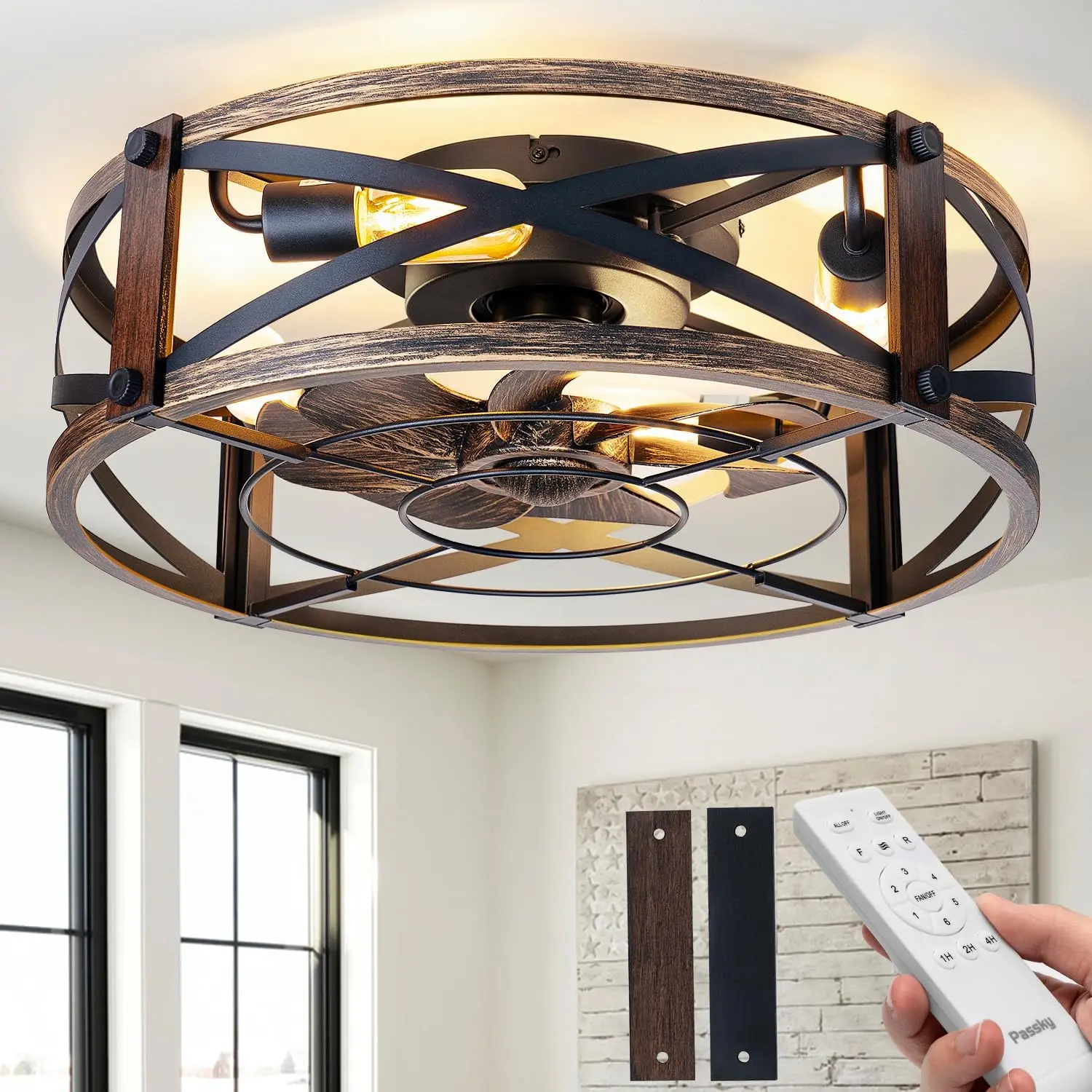 

20" Farmhouse Flush Mount Ceiling Fans with Lights and Remote, Industrial Black Caged Low Profile Fandelier, 6 Speeds Bladeless