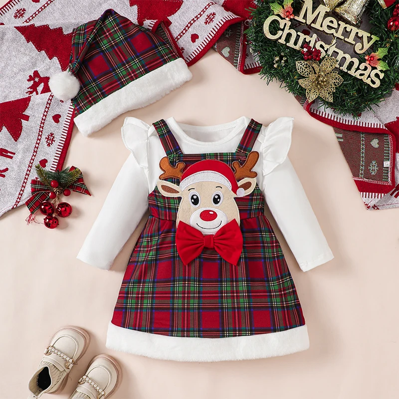 

Baby Girl Christmas Outfits 2024 Winter Solid Color Long Sleeve Romper Deer Embroidery Overalls Dress Hat 3Pcs Clothes Set